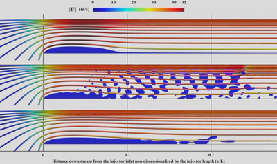 Vapor cavity development as predicted by VOF (top), Euler-Euler (middle), and Euler-Euler-VOF (bottom) CFD methodologies. Streamlines coloured by velocity magnitude; Liquid volume fraction iso-volume for α = [0 0.6] is shown in blue.